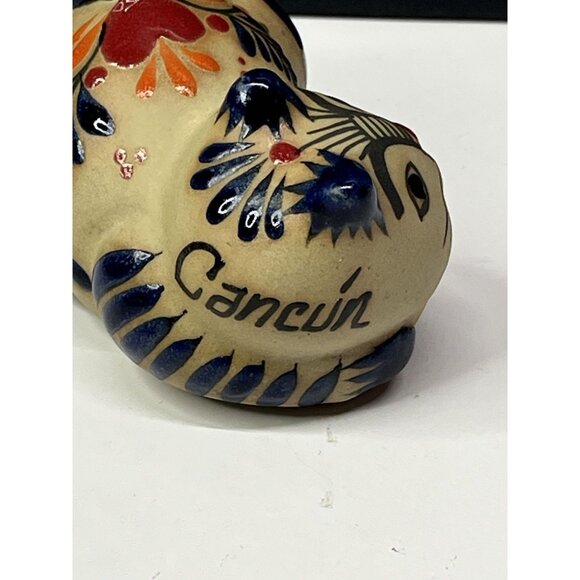 Mexican Tonala Cat Figurine Flower Folk Art Pottery Hand Painted Cancun 4” - Picture 6 of 11